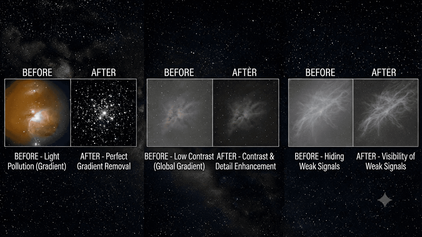 Sky background gradients in astrophotography: light pollution, Moon, and fixes